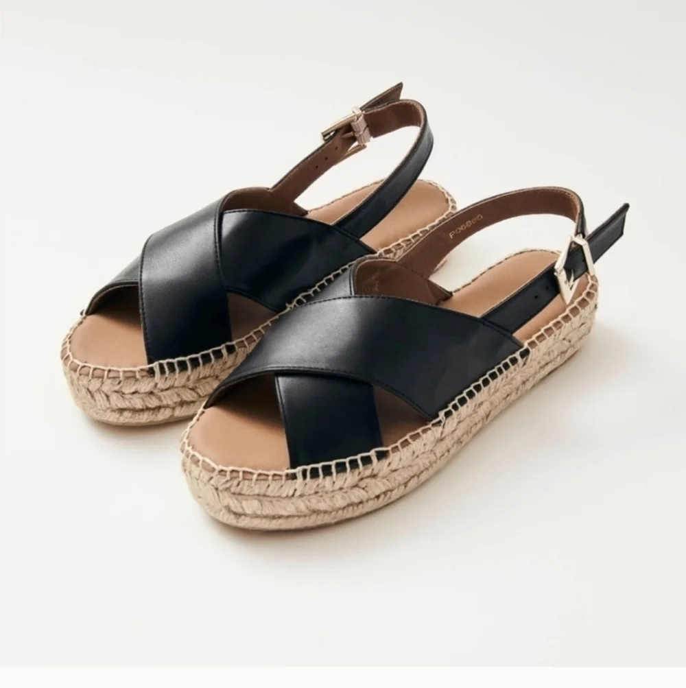 Alohas Crossed Black Leather Espadrilles Sandals Platform Made in Spain Size 36
